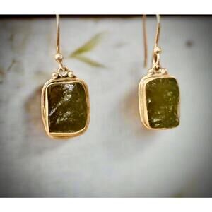 Rough Square Moldavite   925 Sterling Silver Dangle Earrings  1.5”